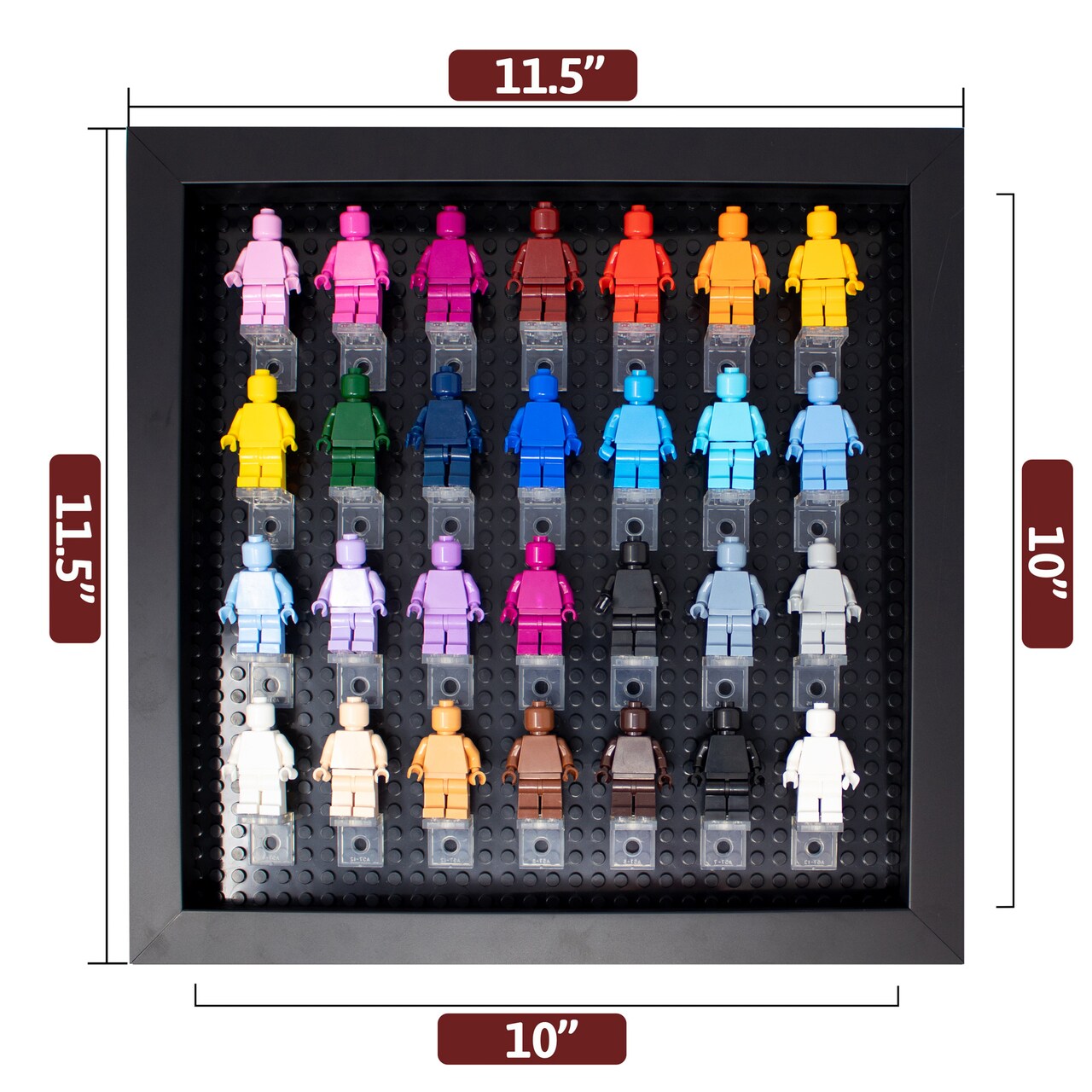 12x12 Wood Shadow Box Display Case Frame for Block Figures | Holds up to 28 Figurines - Display Brackets Included | UV Acrylic and Black Base